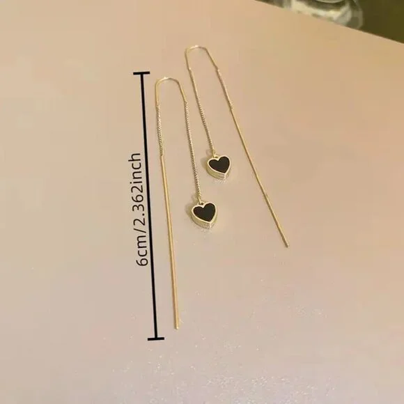 NEW Gold tassel earrings, black heart earrings, gold thread earrings, jewelry - Picture 3 of 5
